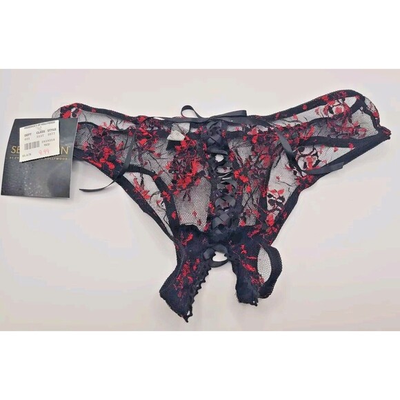 Vtg Frederick's Of Hollywood SEDUCTION BLACK RED LACE CROTCHLESS Panties Sz M - Picture 5 of 11